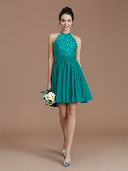 A-Line/Princess Halter Sleeveless Lace Short/Mini Chiffon Bridesmaid Dresses