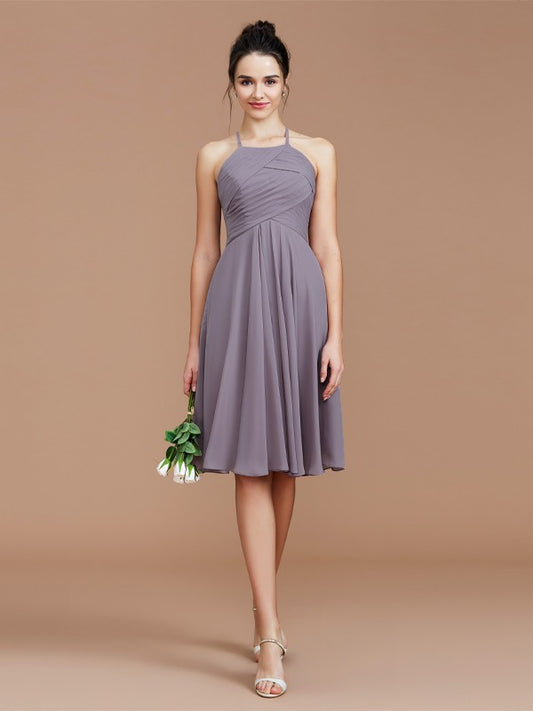 A-Line/Princess Halter Sleeveless Ruched Short/Mini Chiffon Bridesmaid Dresses