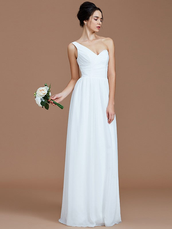 A-Line/Princess One-Shoulder Sleeveless Ruched Floor-Length Chiffon Bridesmaid Dresses