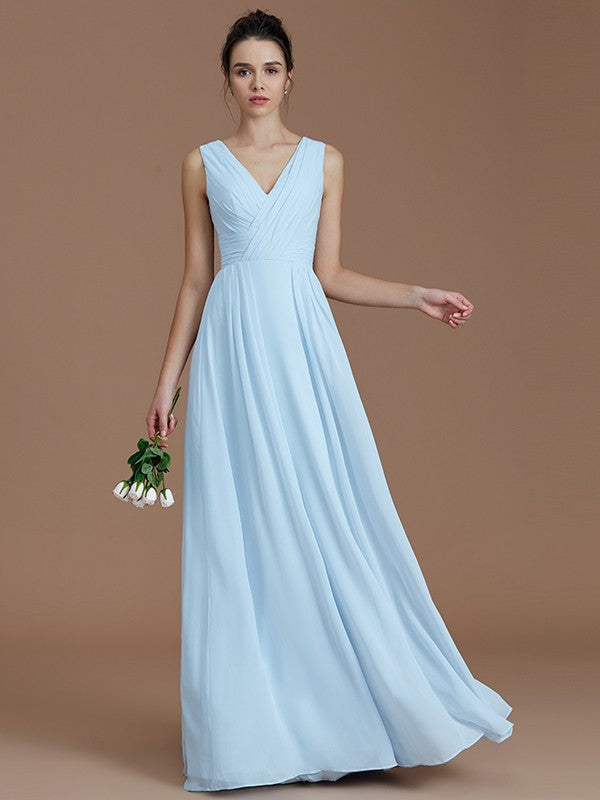 A-Line/Princess V-neck Sleeveless Ruched Floor-Length Chiffon Bridesmaid Dresses