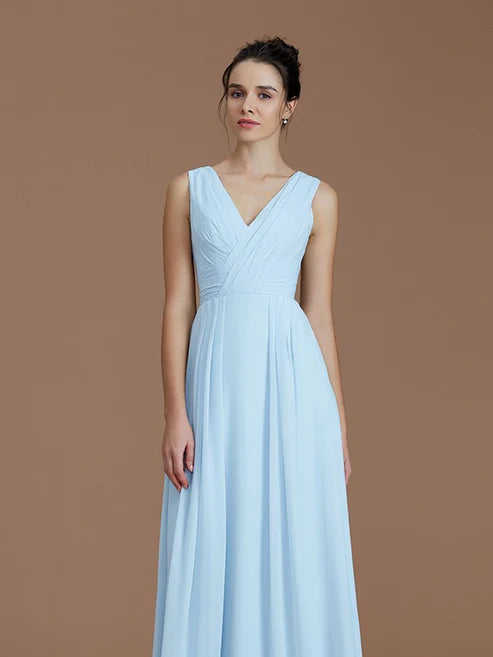 A-Line/Princess V-neck Sleeveless Ruched Floor-Length Chiffon Bridesmaid Dresses Party Dresses Wedding Guest Dresses