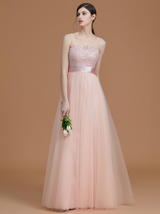 A-Line/Princess Bateau Sleeveless Floor-Length Applique Tulle Bridesmaid Dresses