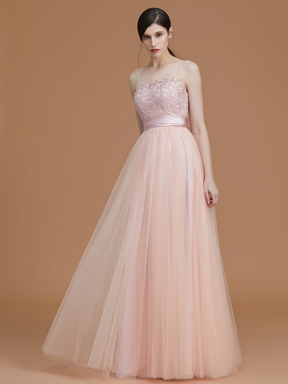 A-Line/Princess Bateau Sleeveless Floor-Length Applique Tulle Bridesmaid Dresses