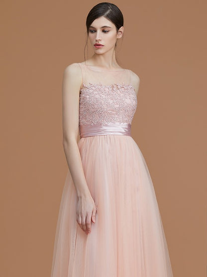 A-Line/Princess Bateau Sleeveless Floor-Length Applique Tulle Bridesmaid Dresses