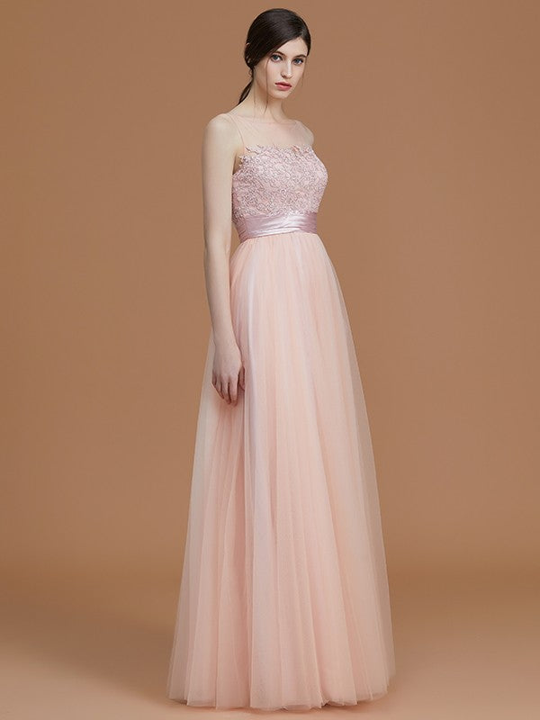 A-Line/Princess Bateau Sleeveless Floor-Length Applique Tulle Bridesmaid Dresses