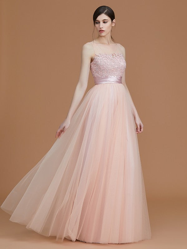 A-Line/Princess Bateau Sleeveless Floor-Length Applique Tulle Bridesmaid Dresses