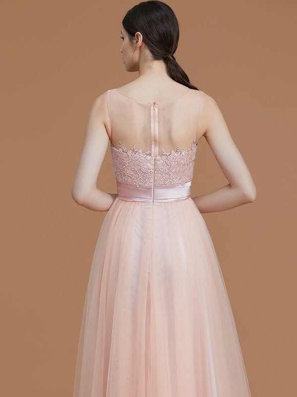 A-Line/Princess Bateau Sleeveless Floor-Length Applique Tulle Bridesmaid Dresses