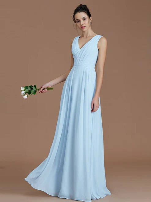 A-Line/Princess V-neck Sleeveless Ruched Floor-Length Chiffon Bridesmaid Dresses Party Dresses Wedding Guest Dresses