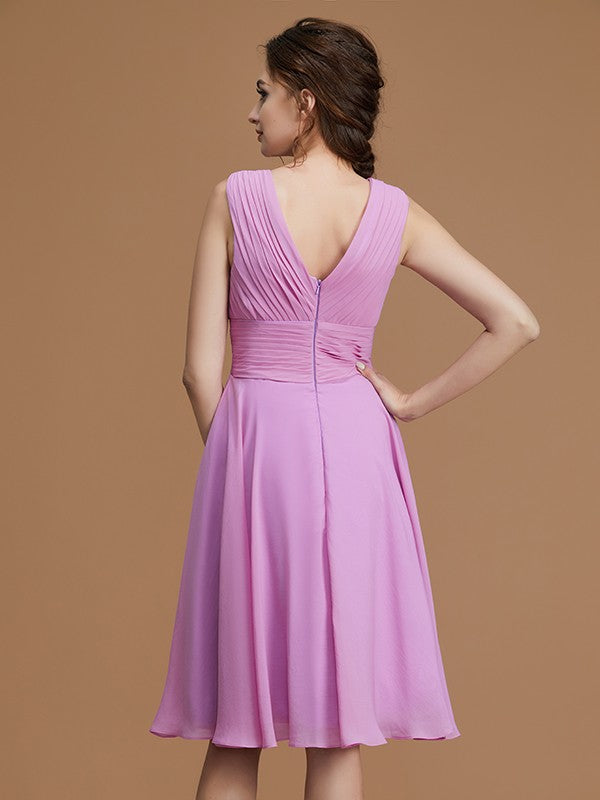 A-Line/Princess V-neck Sleeveless Short/Mini Ruched Chiffon Bridesmaid Dresses