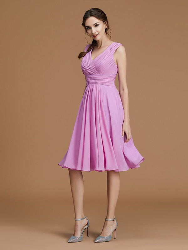 A-Line/Princess V-neck Sleeveless Short/Mini Ruched Chiffon Bridesmaid Dresses