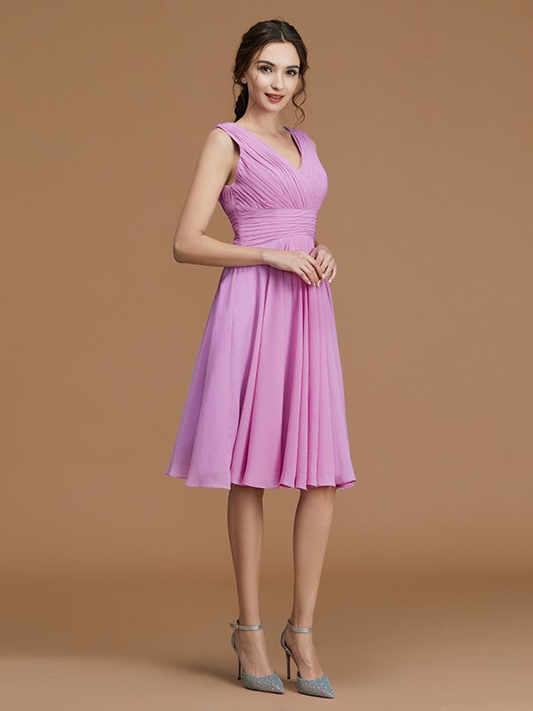 A-Line/Princess V-neck Sleeveless Short/Mini Ruched Chiffon Bridesmaid Dresses