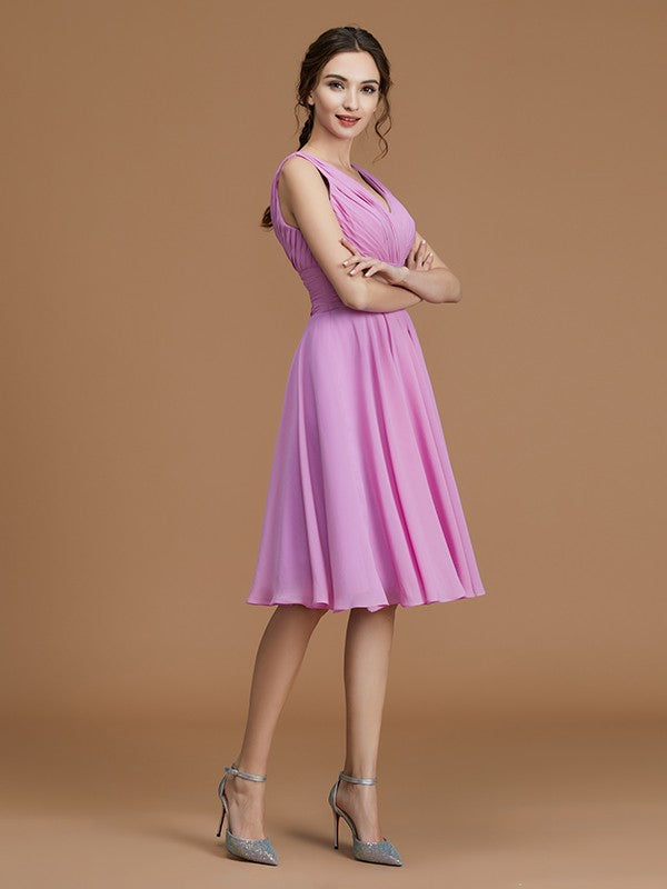 A-Line/Princess V-neck Sleeveless Short/Mini Ruched Chiffon Bridesmaid Dresses