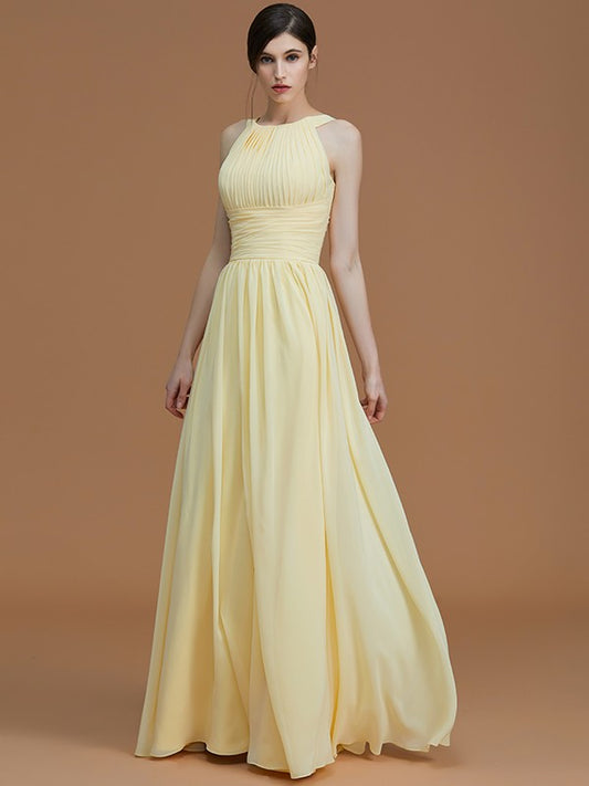 A-Line/Princess Halter Sleeveless Floor-Length Ruched Chiffon Bridesmaid Dresses