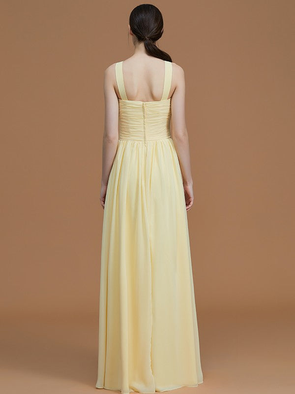 A-Line/Princess Halter Sleeveless Floor-Length Ruched Chiffon Bridesmaid Dresses