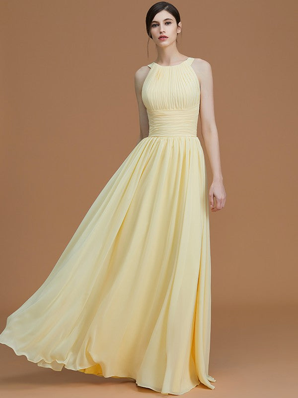 A-Line/Princess Halter Sleeveless Floor-Length Ruched Chiffon Bridesmaid Dresses