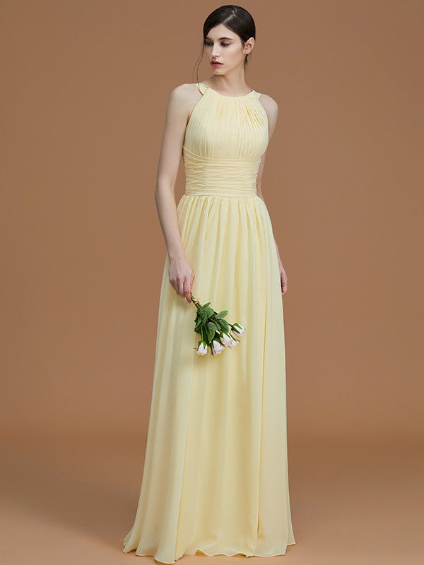 A-Line/Princess Halter Sleeveless Floor-Length Ruched Chiffon Bridesmaid Dresses