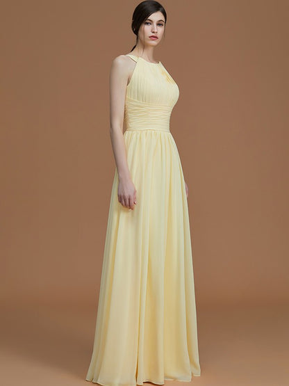 A-Line/Princess Halter Sleeveless Floor-Length Ruched Chiffon Bridesmaid Dresses