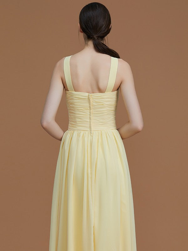 A-Line/Princess Halter Sleeveless Floor-Length Ruched Chiffon Bridesmaid Dresses