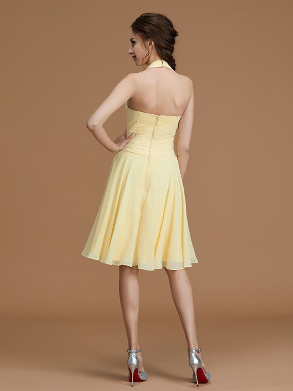 A-Line/Princess Halter Sleeveless Short/Mini Ruffles Chiffon Bridesmaid Dresses