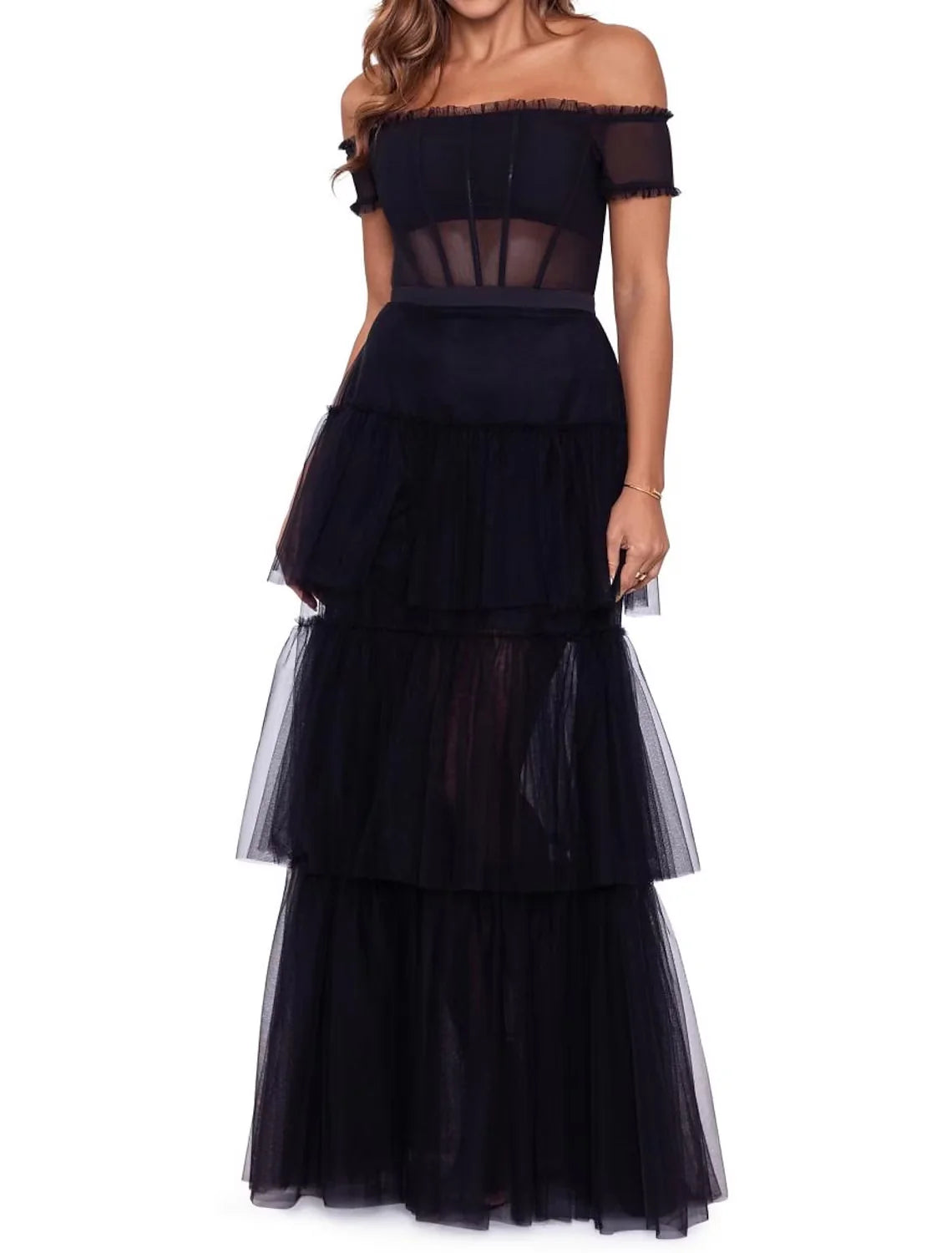 Ball Gown Prom Dresses Corsets Dress Masquerade Floor Length Sleeveless Off Shoulder Tulle Layers with Ruffles Pure Color