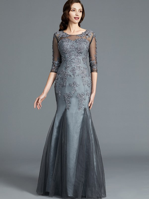 A Line Sheath/Column Scoop Applique 1/2 Sleeves Tulle Floor-Length Mother of the Bride Dresses