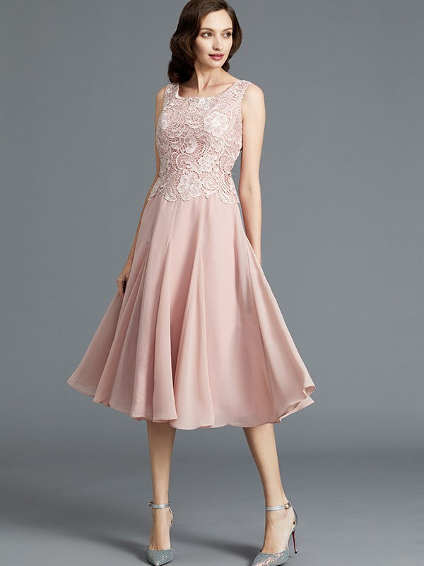 A-Line Sleeveless Scoop Tea-Length Chiffon Mother of the Bride Dresses