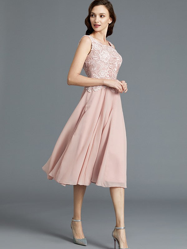 A-Line Sleeveless Scoop Tea-Length Chiffon Mother of the Bride Dresses