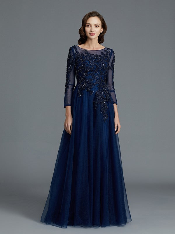 A-Line Long Sleeves Scoop Beading Floor-Length Tulle Mother of the Bride Dresses