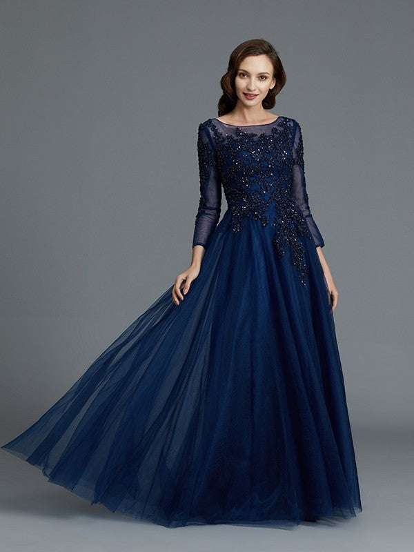 A-Line Long Sleeves Scoop Beading Floor-Length Tulle Mother of the Bride Dresses