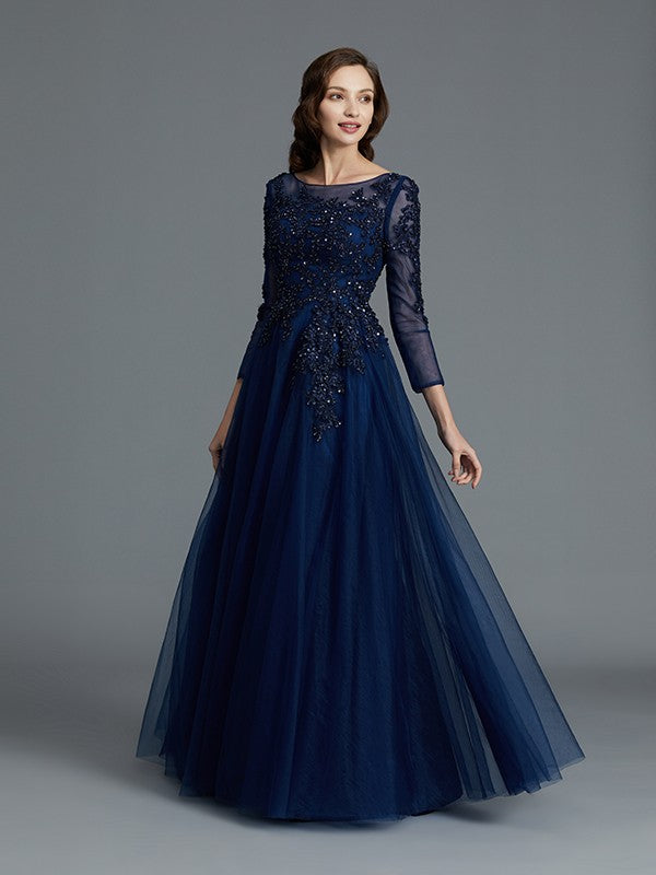 A-Line Long Sleeves Scoop Beading Floor-Length Tulle Mother of the Bride Dresses