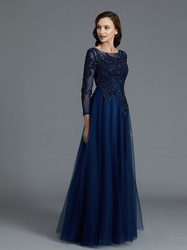 A-Line Long Sleeves Scoop Beading Floor-Length Tulle Mother of the Bride Dresses
