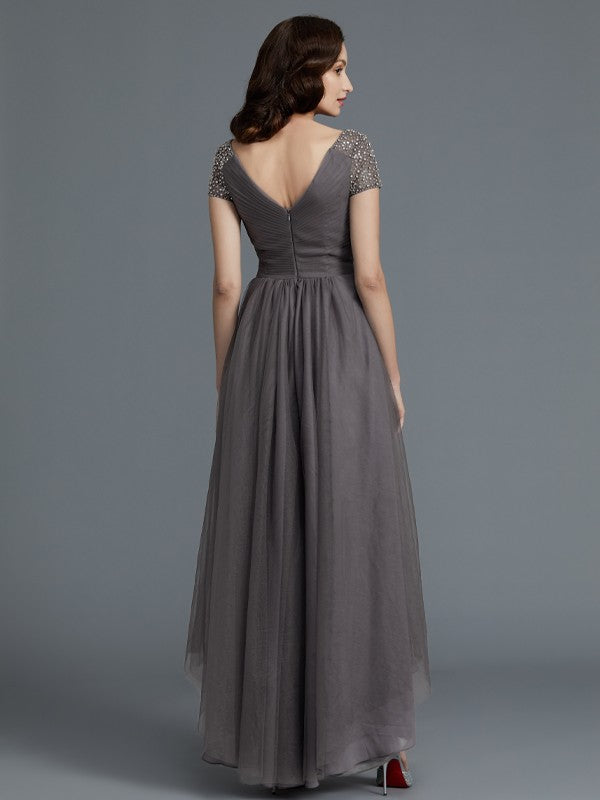 A-Line V-neck Short Sleeves Asymmetrical Tulle Mother of the Bride Dresses
