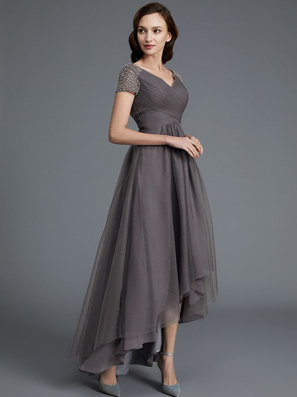 A-Line V-neck Short Sleeves Asymmetrical Tulle Mother of the Bride Dresses