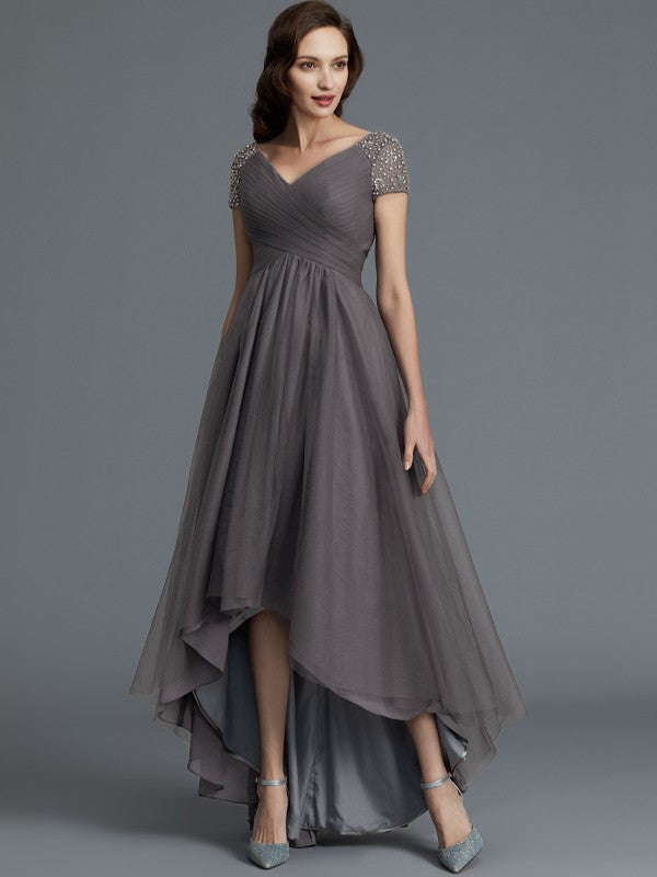 A-Line V-neck Short Sleeves Asymmetrical Tulle Mother of the Bride Dresses