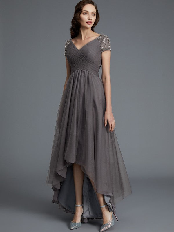 A-Line V-neck Short Sleeves Asymmetrical Tulle Mother of the Bride Dresses