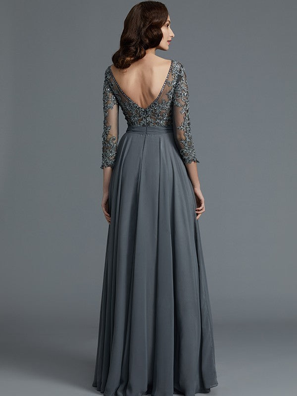 A-Line 3/4 Sleeves Bateau Floor-Length Chiffon Mother of the Bride Dresses