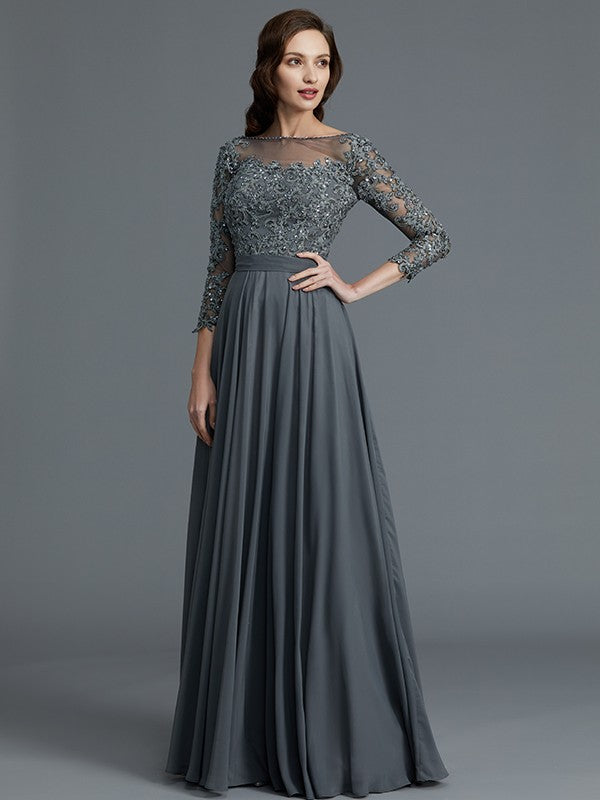 A-Line 3/4 Sleeves Bateau Floor-Length Chiffon Mother of the Bride Dresses