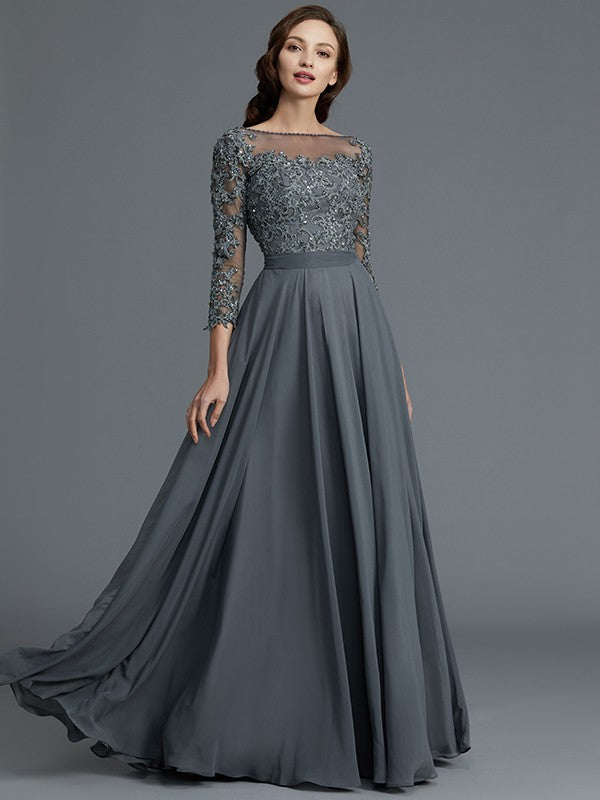A-Line 3/4 Sleeves Bateau Floor-Length Chiffon Mother of the Bride Dresses