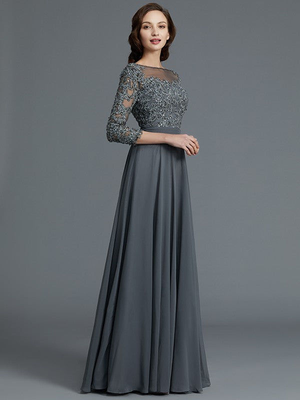 A-Line 3/4 Sleeves Bateau Floor-Length Chiffon Mother of the Bride Dresses