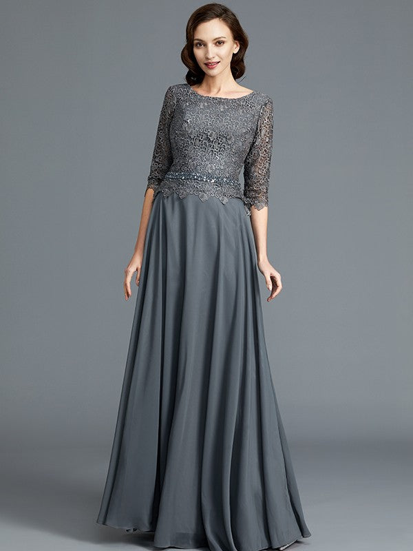 A-Line Scoop 1/2 Sleeves Chiffon Floor-Length Mother of the Bride Dresses