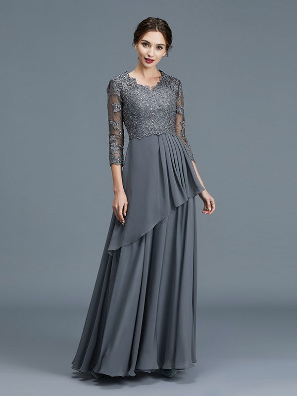 A-Line V-neck 3/4 Sleeves Ruffles Chiffon Floor-Length Mother of the Bride Dresses