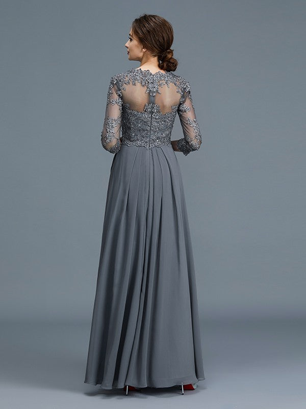 A-Line V-neck 3/4 Sleeves Ruffles Chiffon Floor-Length Mother of the Bride Dresses
