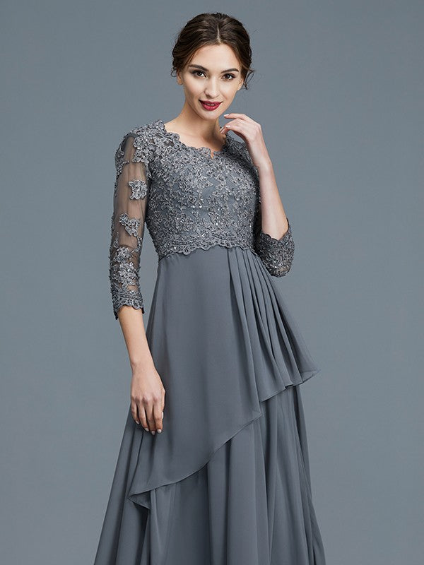 A-Line V-neck 3/4 Sleeves Ruffles Chiffon Floor-Length Mother of the Bride Dresses