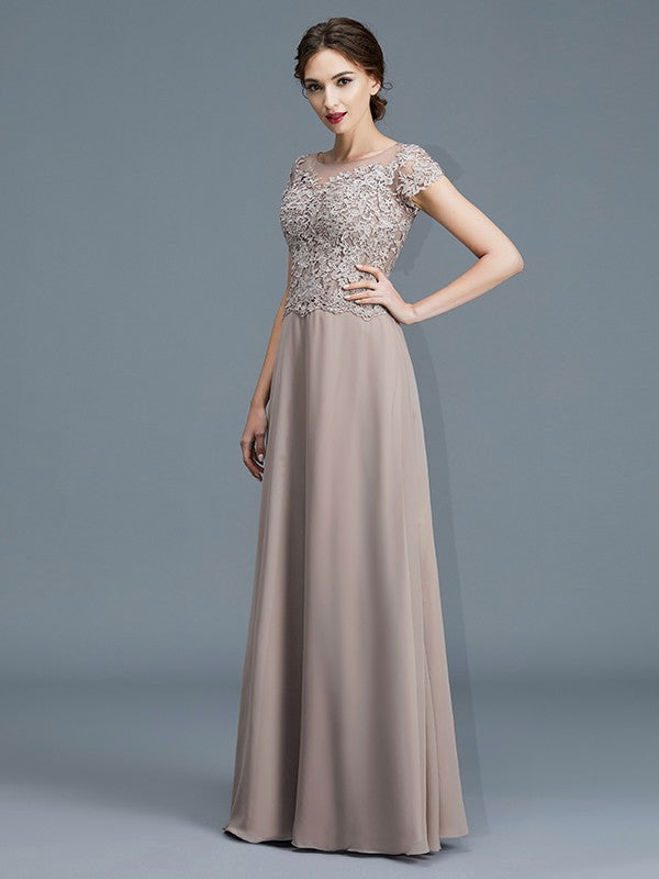 A-Line/Princess Scoop Short Sleeves Applique Floor-Length Chiffon Mother of the Bride Dresses