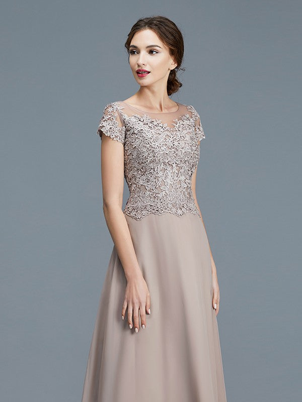 A-Line/Princess Scoop Short Sleeves Applique Floor-Length Chiffon Mother of the Bride Dresses