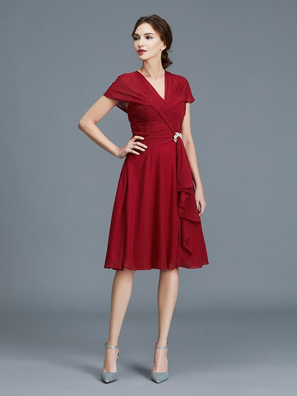A-Line V-neck Chiffon Sleeveless Knee-Length Ruffles Mother of the Bride Dresses
