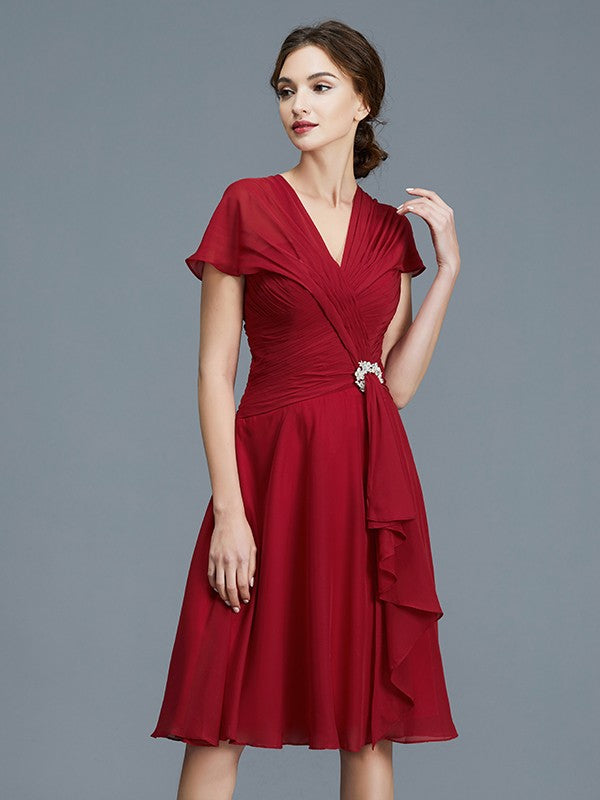 A-Line V-neck Chiffon Sleeveless Knee-Length Ruffles Mother of the Bride Dresses