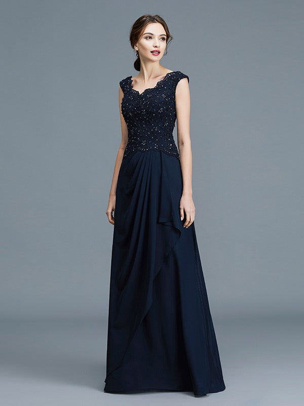 A-Line V-neck Ruffles Floor-Length Chiffon Sleeveless Mother of the Bride Dresses