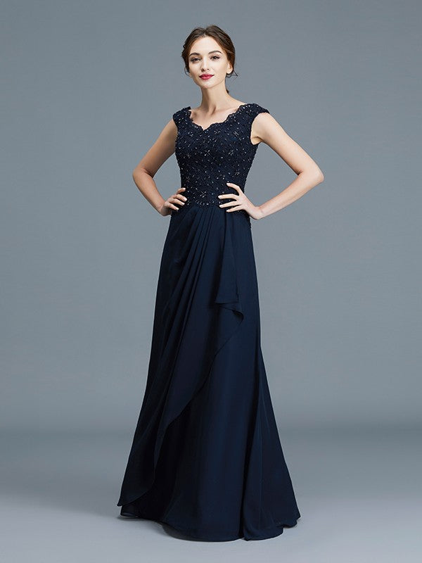 A-Line V-neck Ruffles Floor-Length Chiffon Sleeveless Mother of the Bride Dresses