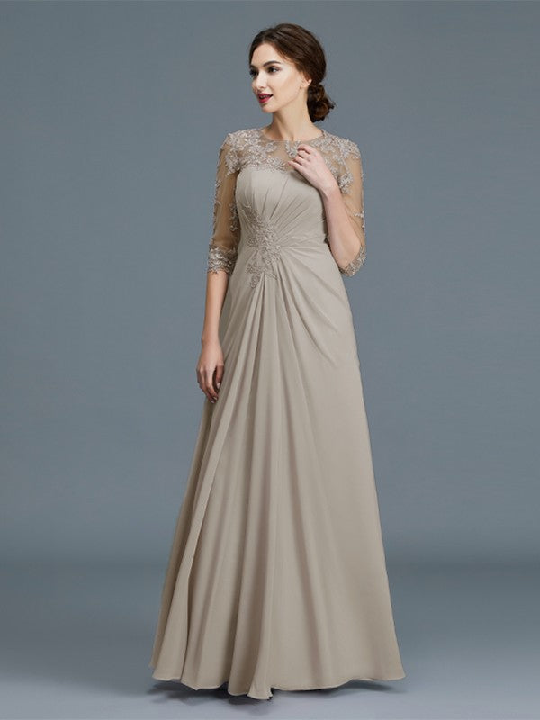 A-Line Scoop 3/4 Sleeves Chiffon Ruffles Floor-Length Mother of the Bride Dresses